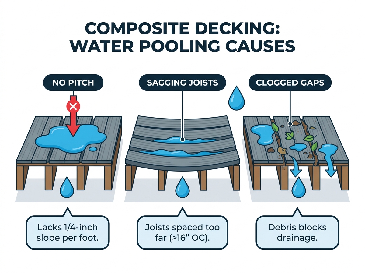 Acumula&ccedil;&atilde;o de &aacute;gua na superf&iacute;cie do deck composto